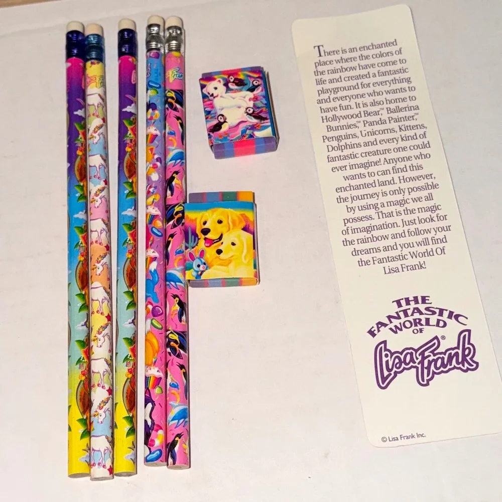 Vintage Lisa Frank Stationery Set Pencils Erasers Bookmark Hollywood Bear 90s